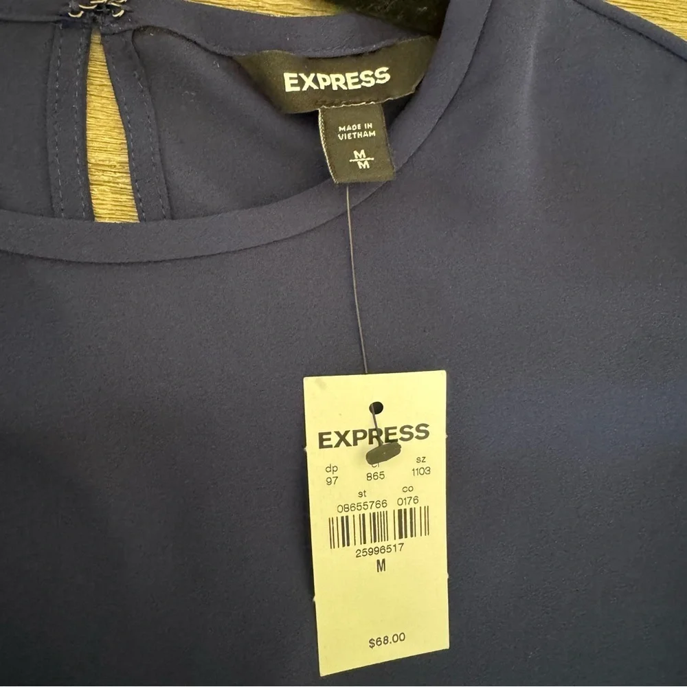 Express Navy Pleated Long-Sleeve Blouse | Size Medium | New with Tags